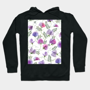 Sweet pea watercolor flowers and leaves seamless translucent composition. Transparent floral spring romantic bouquets Hoodie